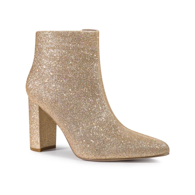 Unique Bargains Women's Glitter Pointed Toe Chunky Heel Sparkly Booties Ankle Boots Gold (Size 7)