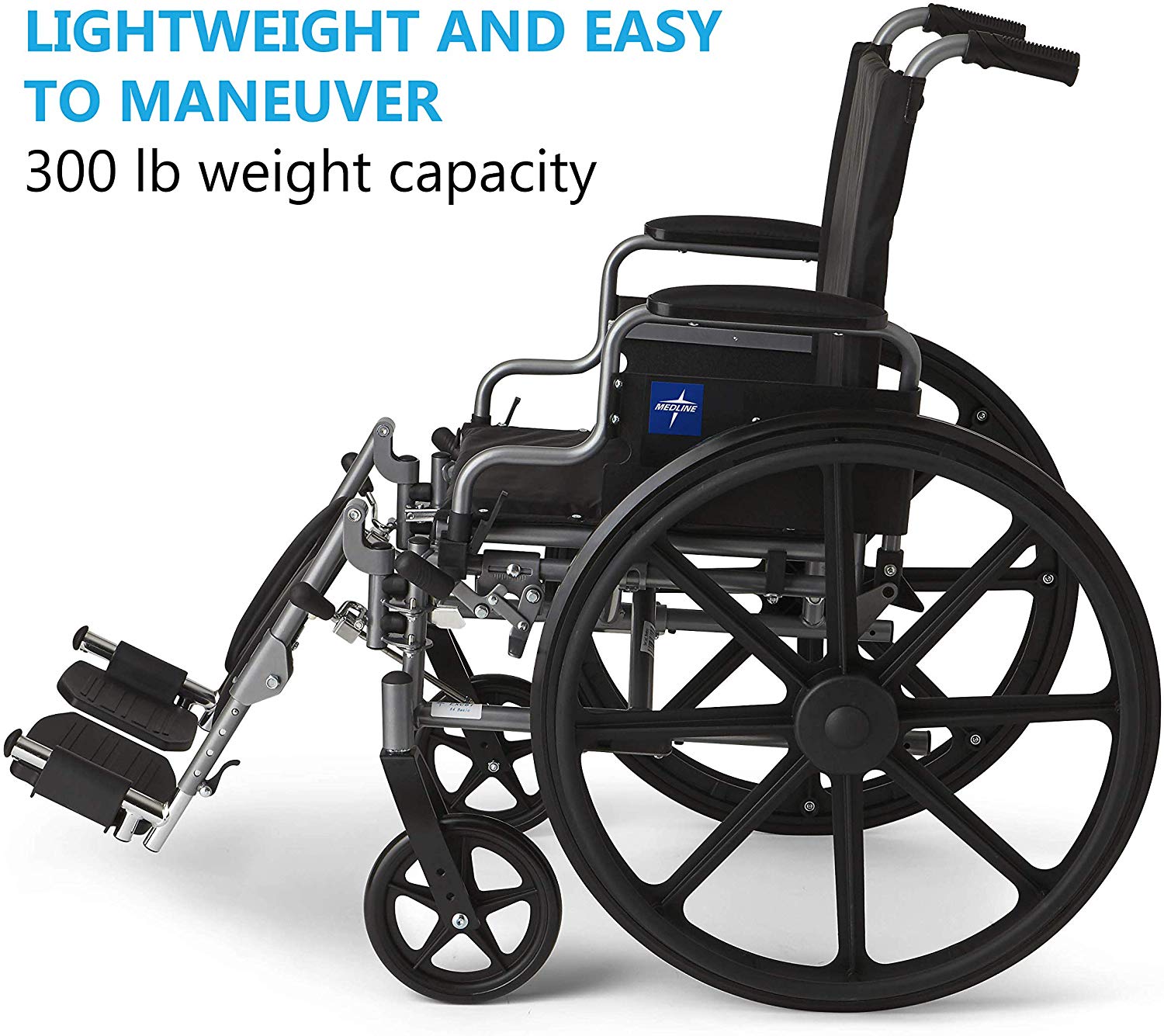 Medline Lightweight Wheelchair with Swing-Back Desk-Length Arms & Elevated Legrests, 16"x18" Seat, 300 lbs Weight Capacity, Black