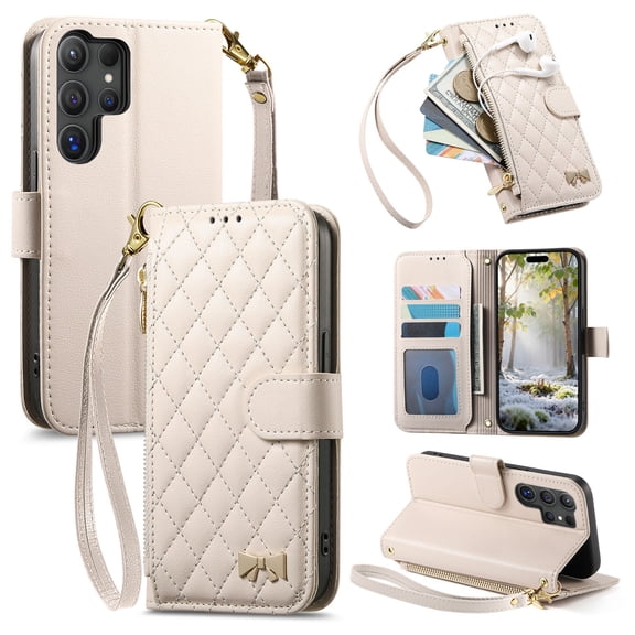 TECH CIRCLE For Galaxy A16 5G Flip Wallet Case with Wrist Strap, Faux Leather Protective Lightweight Cover with Stand, Card Slots, Zippered Pocket, White