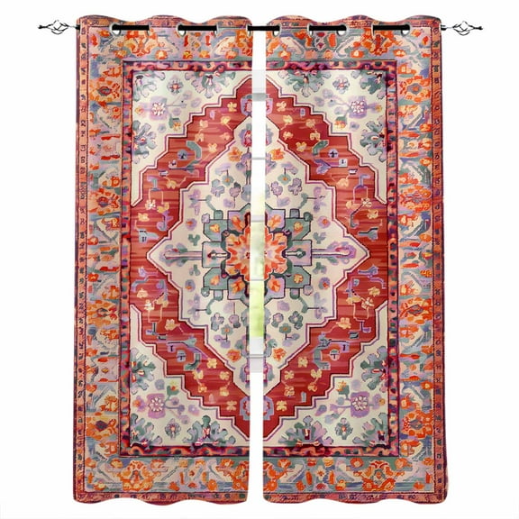 Fsddascl Orange Red Boho Blackout Curtains for Bedroom/Living Room, Thermal Insulated Kitchen Curtains, Vintage Flower Tribal Distressed Printed Grommet Darkening Window Treatment Drapes 52"x96"x2