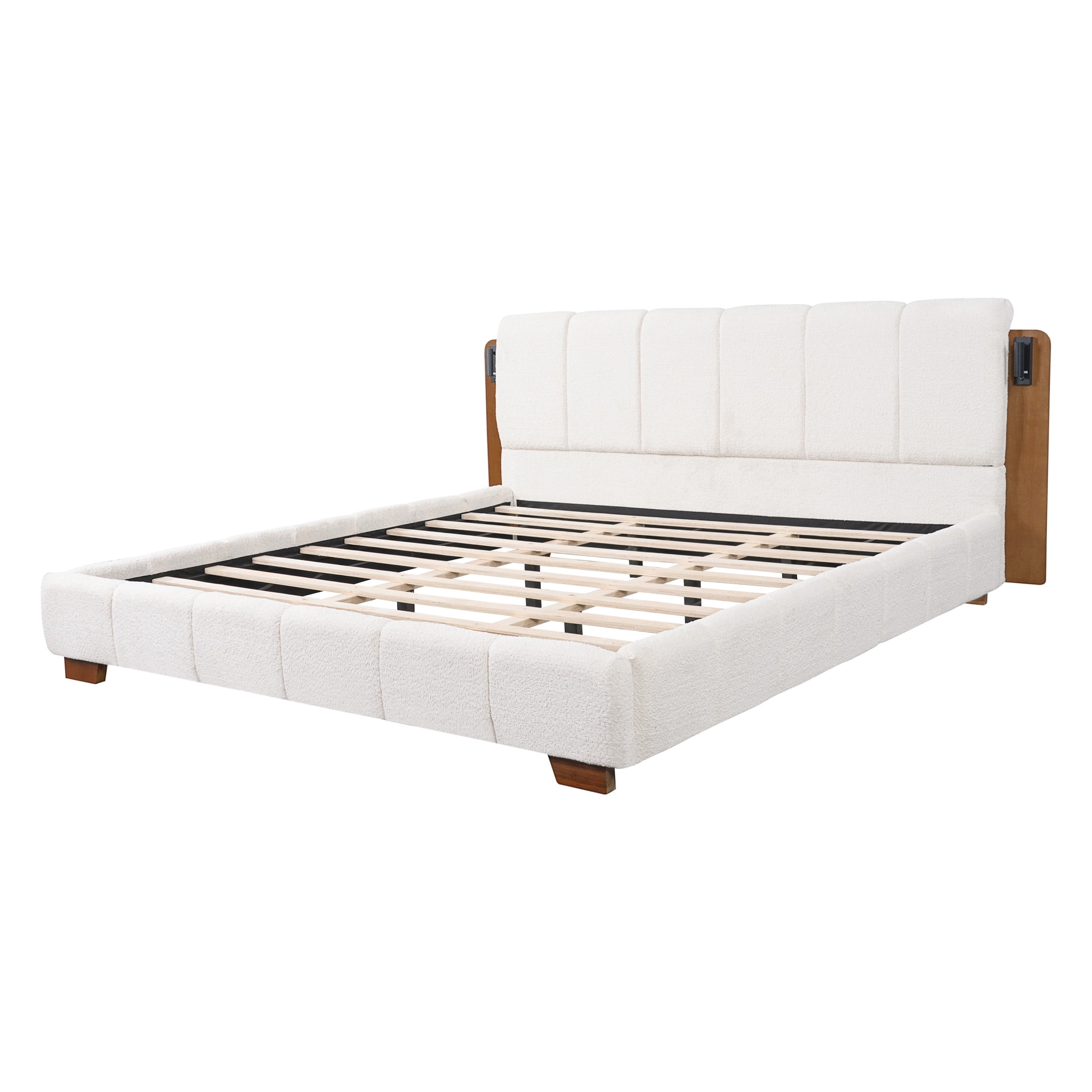 Christopher Knight Home Modern Upholstered Platform Bed with Built-in Reading Lights, King, White+Brown