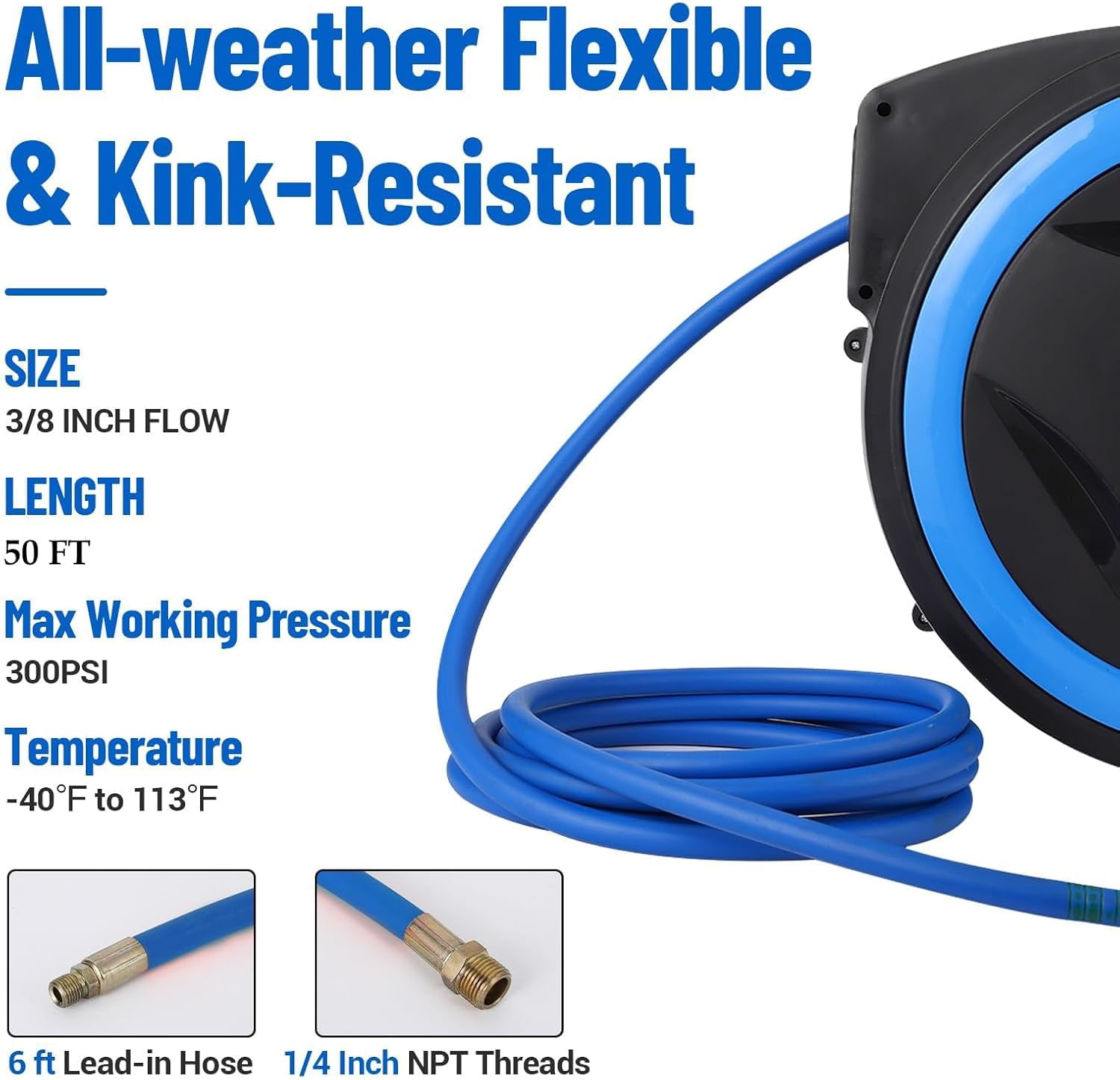 QinaQin Retractable Air Hose Reel, 3/8 Inch Hybrid Hose Reel with 300 PSI Max Pressure and 180 Degree Swivel Mount