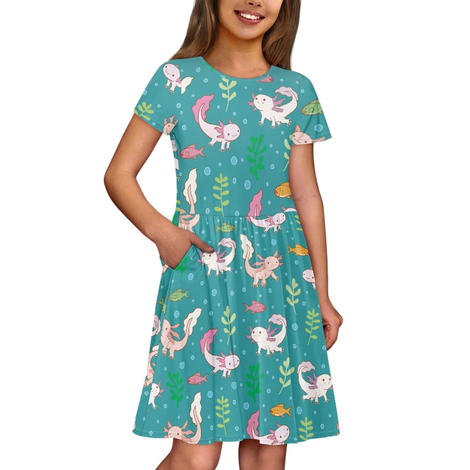 Uourmeti Axolotl Short Sleeve Dress for Toddler Girls Cute Wedding Party Swing Dresses Summer Soft Crew Neck Midi Dress with Pockets