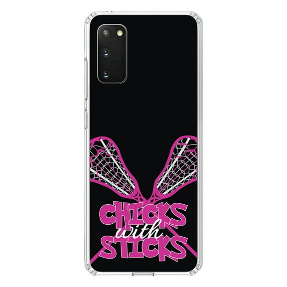 DistinctInk Clear Shockproof Hybrid Case for Galaxy S20 / S20 5G (6.2" Screen) - TPU Bumper, Acrylic Back, Tempered Glass Screen Protector - Hot Pink Lacrosse - Chicks with Sticks