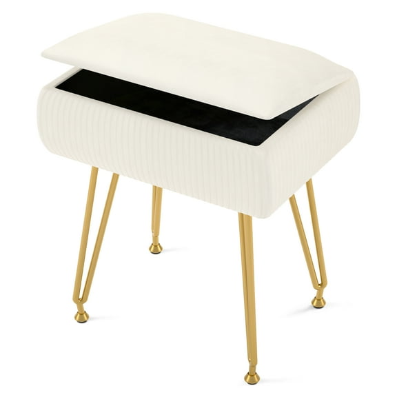 Vanity Stool Chair with Storage, Ottoman Faux Fur Soft Padded Makeup Footstools Seat with 4 Metal Legs Anti-Slip Adjustable Feet Modern Cute Small Footrest for Home Entryway Bedroom White