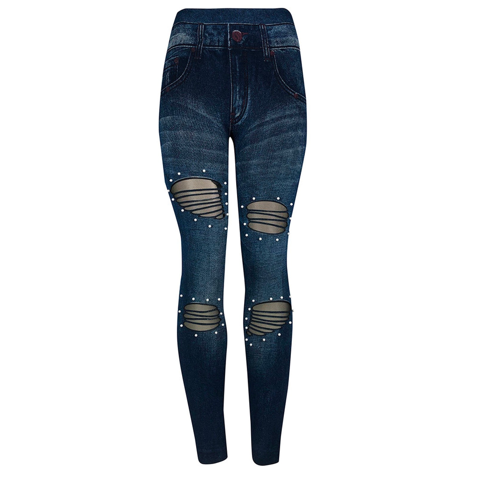 ZXHACSJ Women's Stretchy Skinny Print Jeggings Lmitation Jeans Seamless  Ninth Pants Dark Blue S 