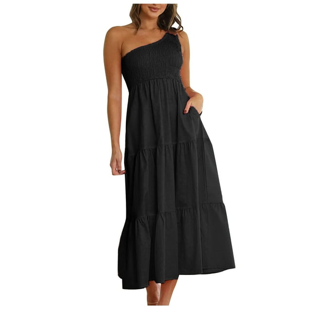 FAIWAD Robes d'Été pour Femmes Sans Manches à Volants à Étages Robe Maxi Épaules Dénudées à Bretelles Longues Robes de Plage