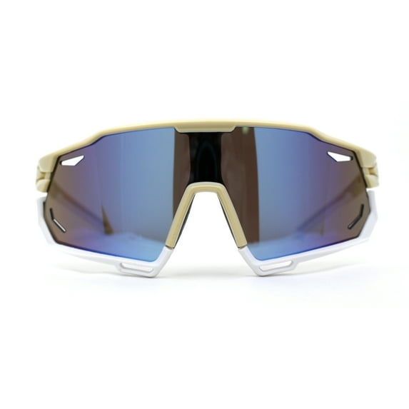 Mens Trendy Futuristic Color Mirror Oversize Shield Sport Plastic Sunglasses Beige White Blue Mirror