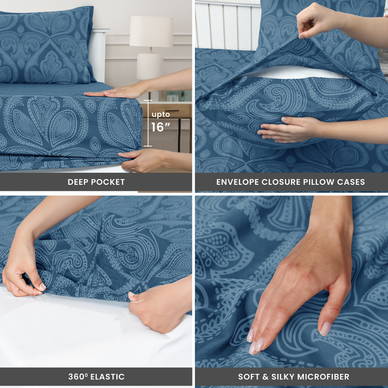 Lux Decor Collection Paisley Printed Queen Sheet Set, Navy photo 2