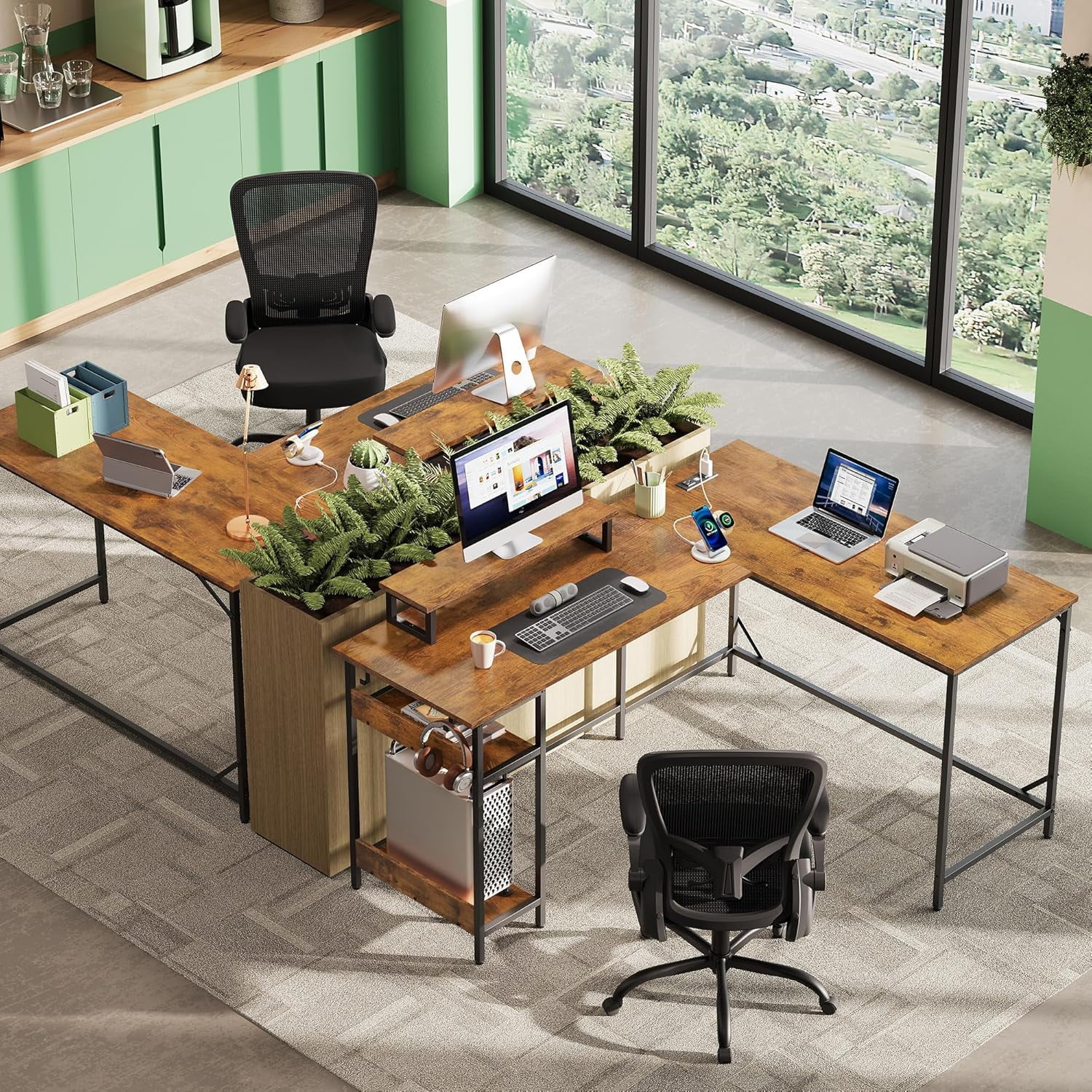 HZAT 60 Inch L Shaped Gaming Desk with LED Lights & Power Outlets, Corner Desk for Small Spaces, Sturdy PC Computer Table with Storage for Home Office, Rustic Brown