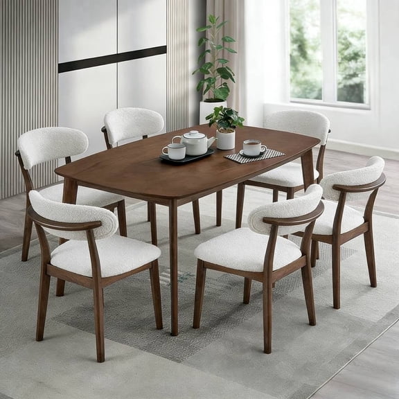 ACTU 7Pcs Wooden Dining Table Set with Upholstered Chairs, Walnut Color