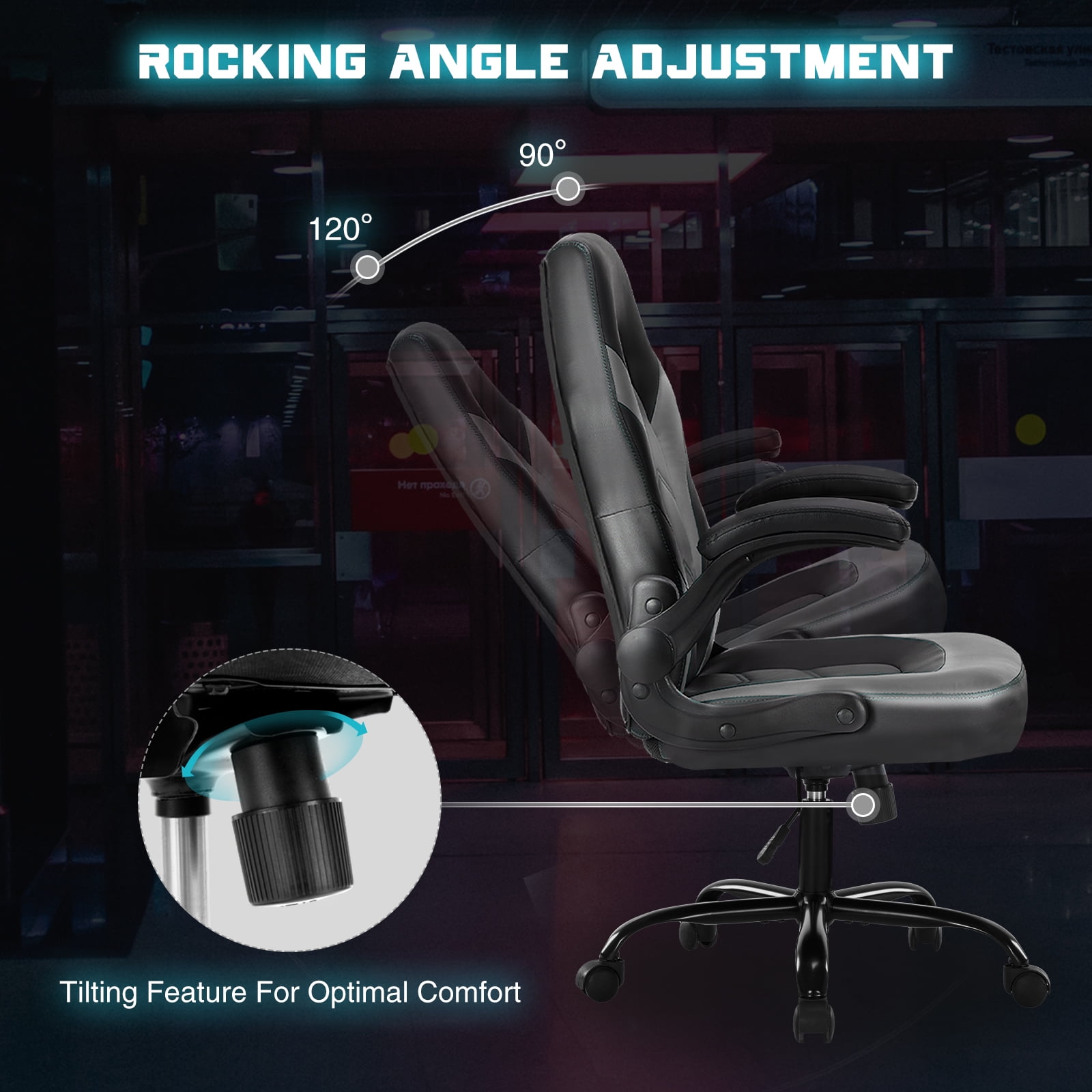 Mayoume Computer Gaming Chair - Ergonomic PU Leather Desk Chair with Comfy Lumbar Support, Height Adjustable 360° Rolling with Flip-up Armrest, for Home and Office, Adults