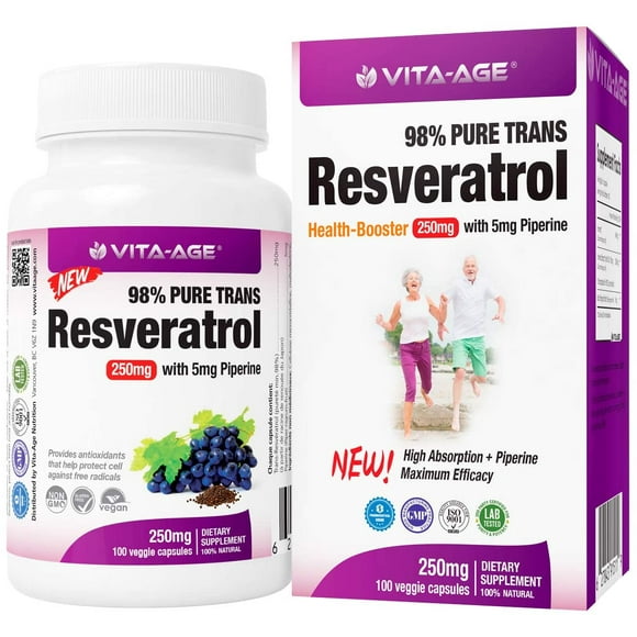 Vita-Age Concentré Naturel de Trans-Resvératrol Certifié 98 % Super Fort, 250 Mg plus 5 Mg de Pipérine 100 Capsules Végétariennes
