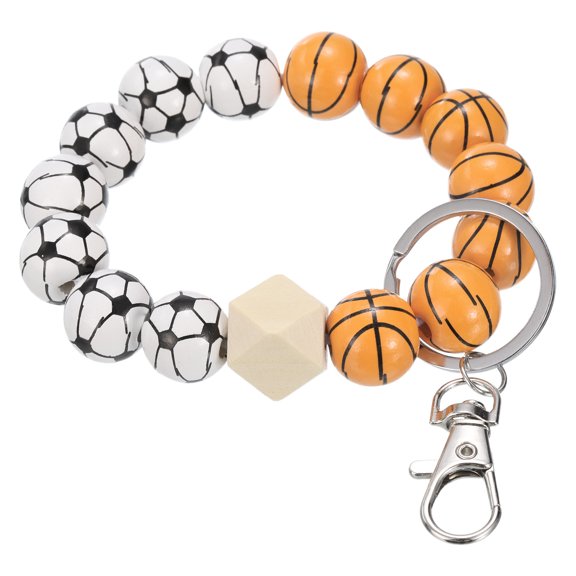 Uxcell Basketball Football Charm Wristlet Keychain Wooden Bead Sports Charm Bracelet Brown White