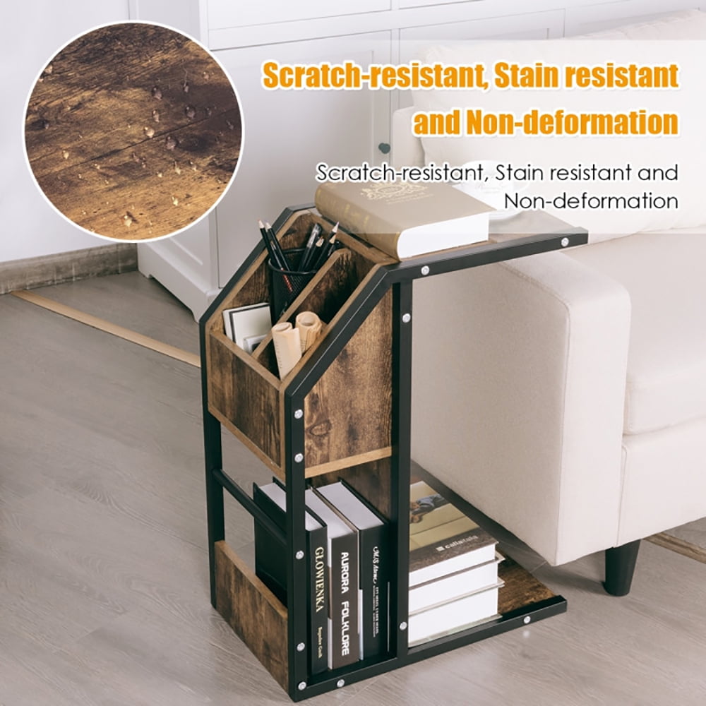 Finihen End Table, Industrial C-Shape Snack End Table with Storage Space, Sofa Side Table, Bed Side Table, for Living Room, Bedroom, Brown Finihen End Table, Industrial C-Shape Snack End Table with Storage Space, Sofa Side Table, Bed Side Table, for Living Room, Bedroom, Brown