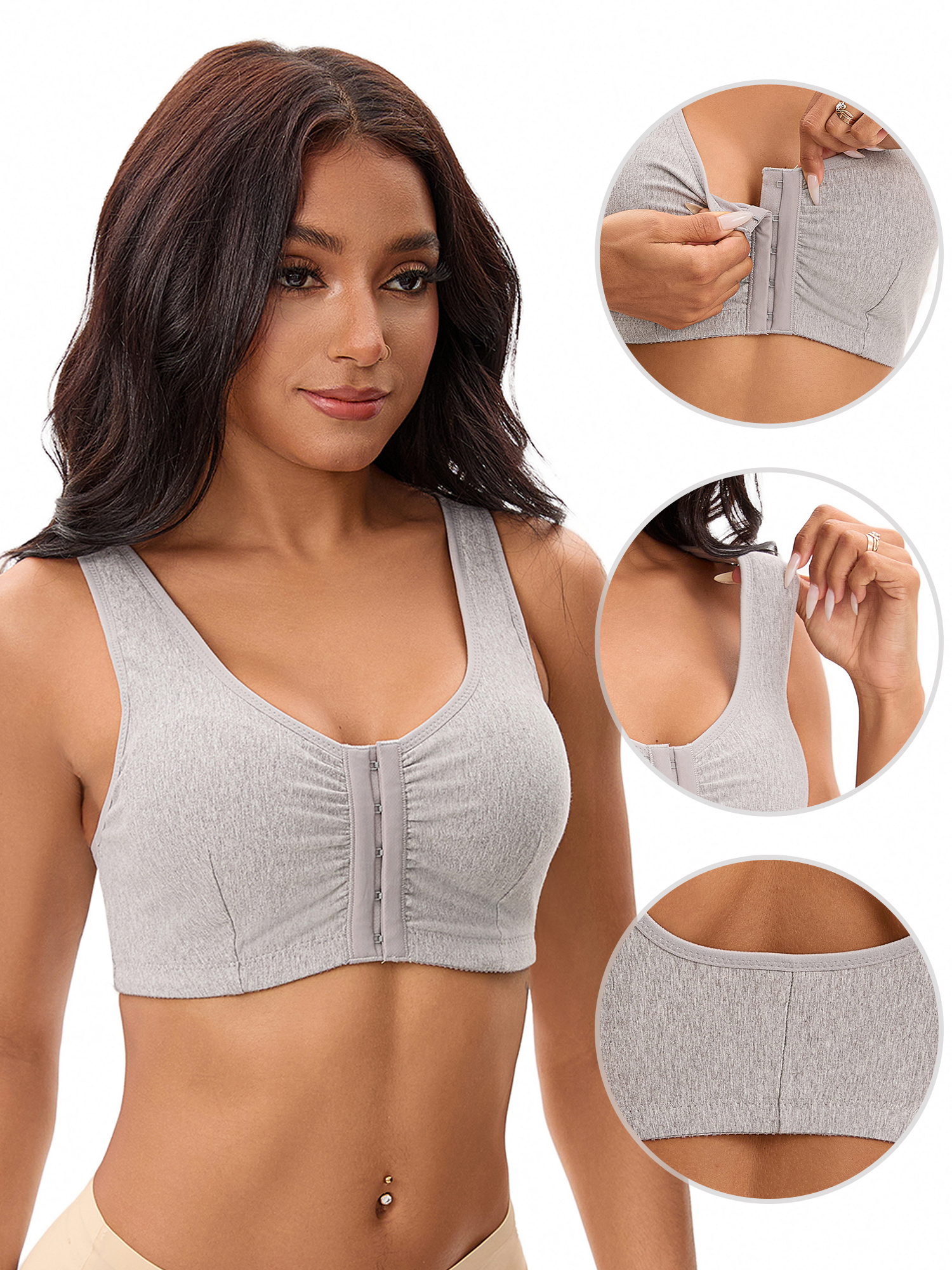 Unique Bargains Women's Front Closure Adjustable Strap Wirefree Workout Bras L Grey