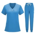 thumbnail image 2 of Jinhomg Scrubs for Women Set Button V-Neck Short Sleeve Caregiver Top & Drawstring Elastic Waist Joggers with Pockets 2 Pieces Scrub Uniforms Sky Blue M, 2 of 5