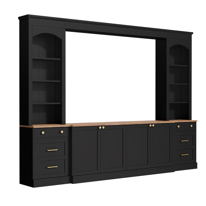 Farmhouse Arched Entertainment Center Wall Unit with Bookshelves, 106" Large TV Stand with Storage Cabinets and Drawers, Retro Wood Grain Media Console for TVs Up to 70"