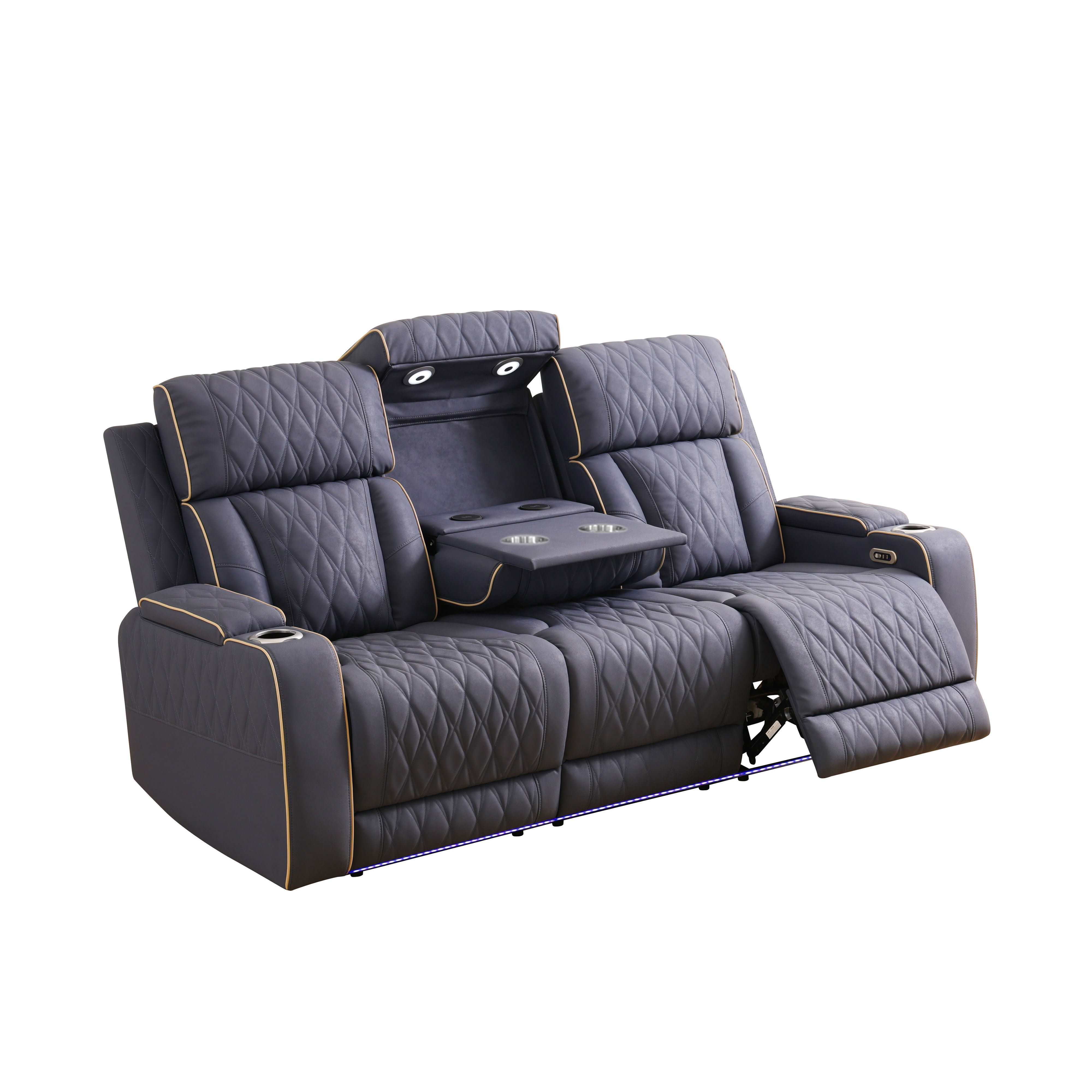 MAYEERTY 3-Seater Recliner Sofa, Sanded Leather Reclining Sofa with LED Lights, USB Charger, Cup Holders & Storage, for Living Room, Home Theater