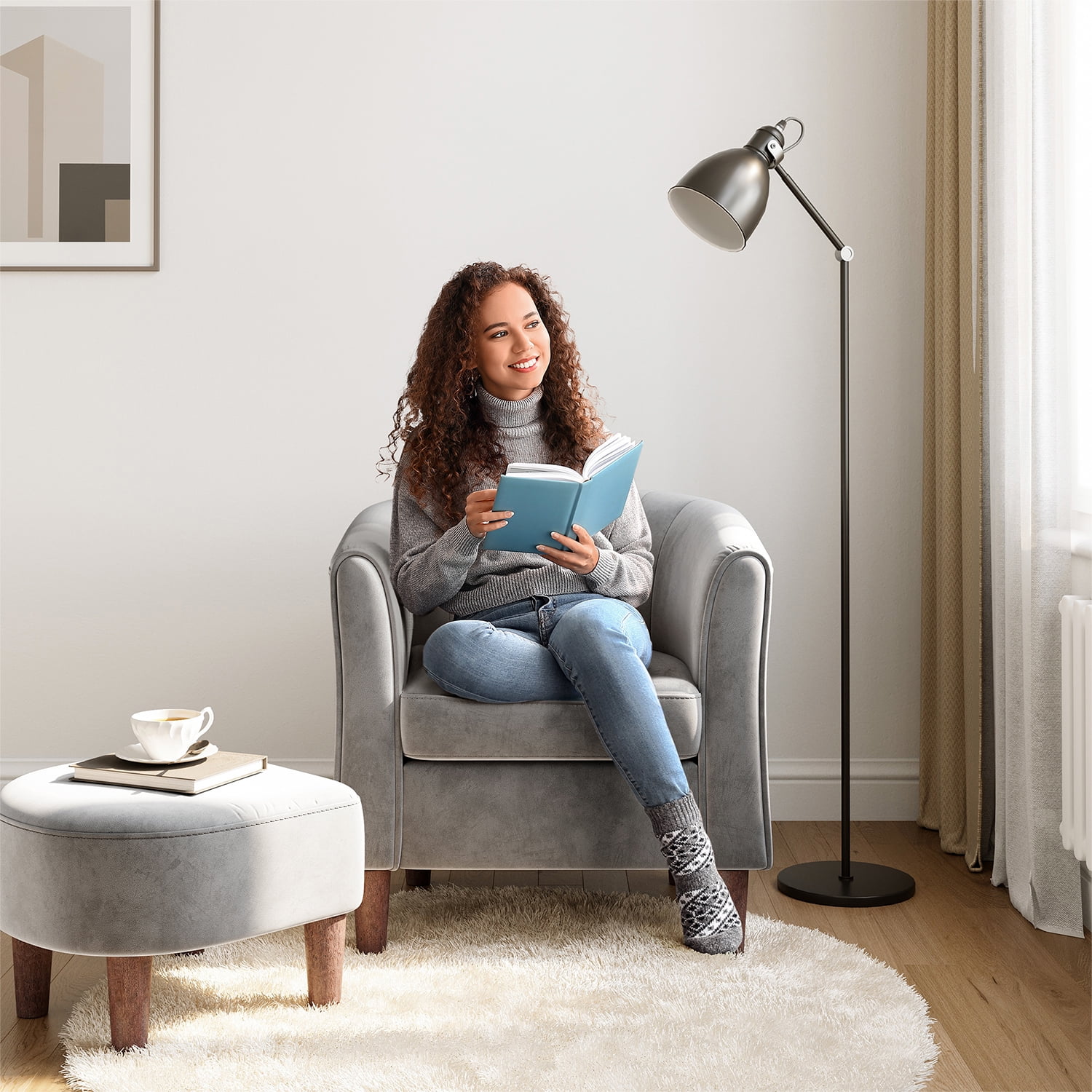 LINSY HOME Velvet Accent Chair with Ottoman for Living Room, Light Grey