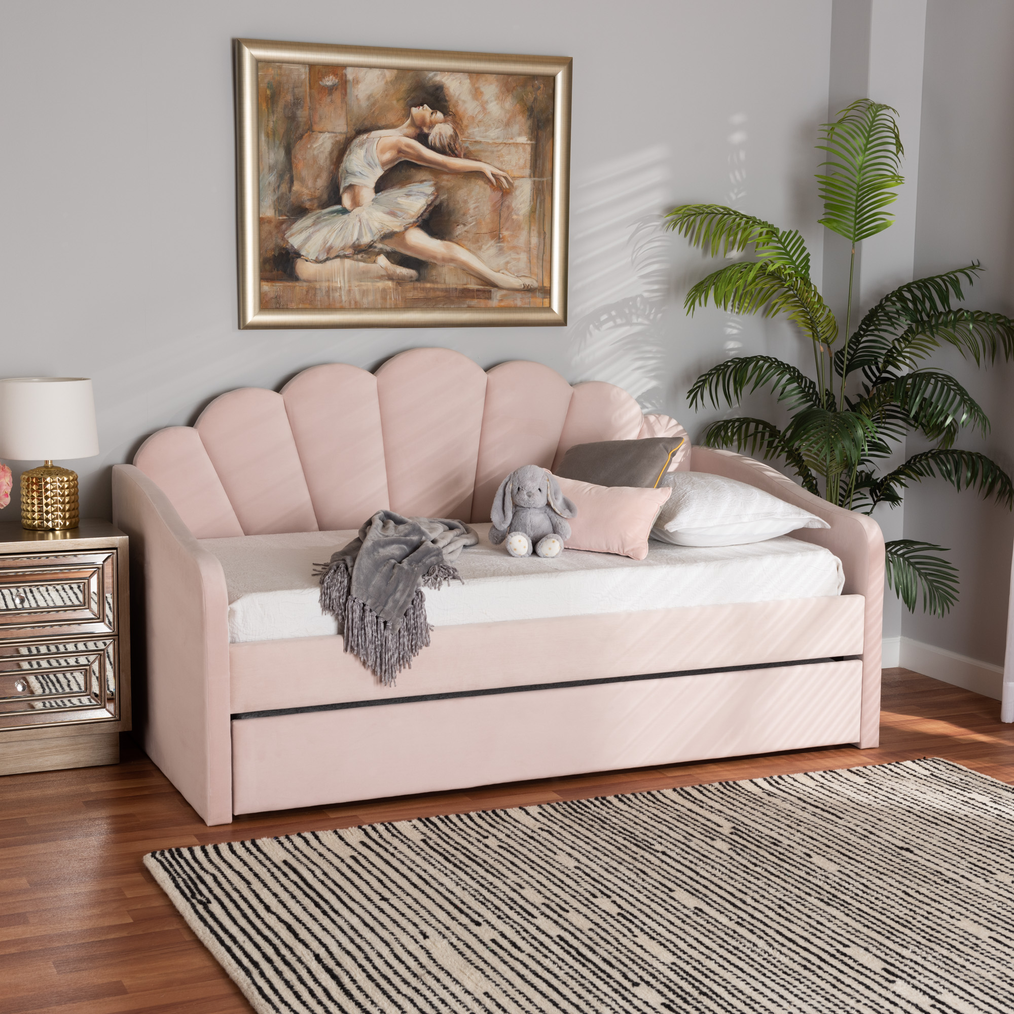 Baxton Studio Kids Modern Timila Daybed with Trundle, Light Pink