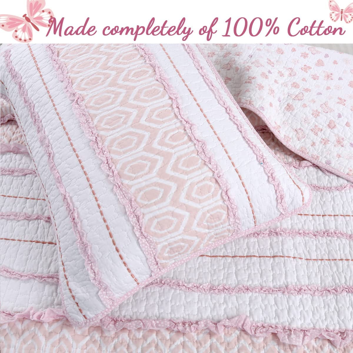 Cozy Line Home Fashions Pink Princess Ruffle Stripe 100% Cotton Girls Reversible Bedding Quilt Set (Pink Princess, Twin - 2 Piece)
