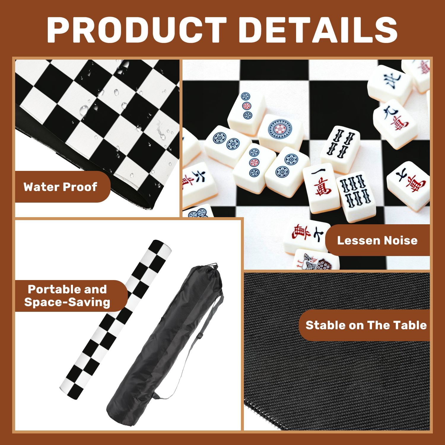 Mahjong Mat 31.5" x 31.5" Seamless Black white checkered Black white squares Non-Slip Noise Reduction American Mahjong Tiles Table Cover for Dominoes Poker Card Board Games Gift