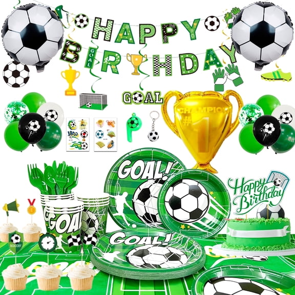 Soccer Birthday Party Supplies,181pcs Soccer Party Decorations & Tableware Set -Soccer Birthday Banner Balloons Tablecloth Plates Cups Napkins & Whistle Keychain,Ect Boys Sports Theme Birthday Decor