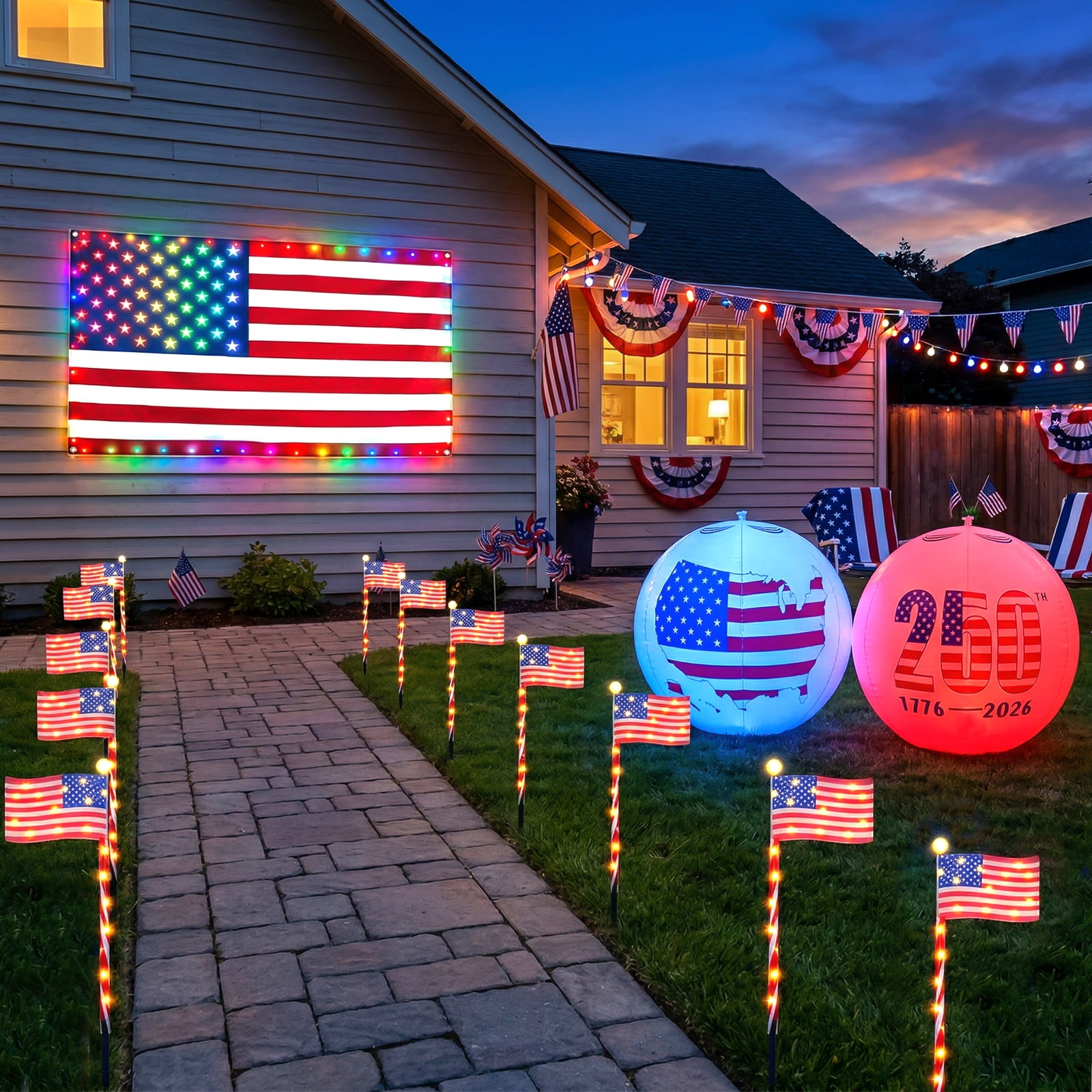 4 Pack Solar American Flag Lights Outdoor LED Patriotic Flag Stake Lights with Remote 2 Modes Dimmable Rechargeable 4th of July Decorations for Yard Garden Lawn America 250