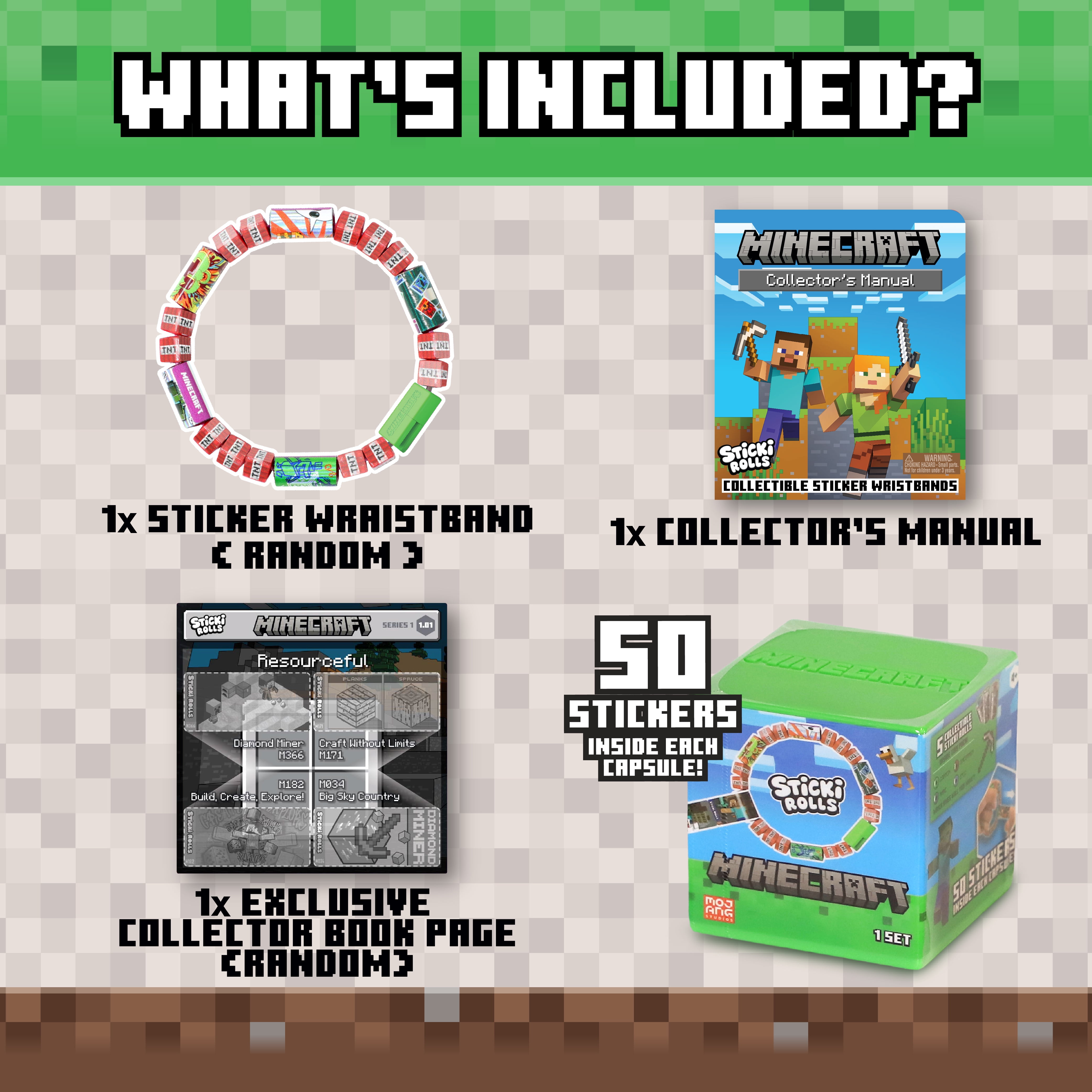 Minecraft Sticki Rolls Collectible Mystery Capsule Wearable & Shareable Sticker Wristband with 50 Minecraft Stickers -Officially Licensed Minecraft Sticki Rolls by Sky Castle