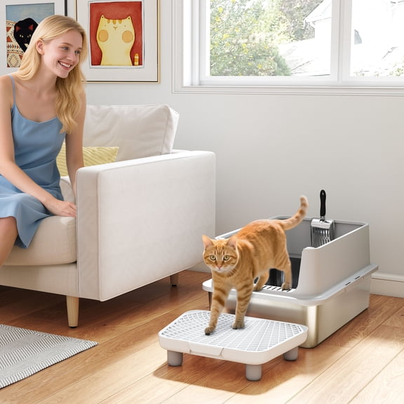 PawHut Extra Large Stainless Steel Cat Litter Box High Sided, Anti-Urine Leakage, Easy Cleaning, Non-Sticky,  Never Absorbs Odors, Include Scoop & Pad