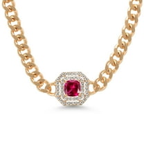 Gem Stone King 14K Gold Plated Red Created Ruby and Moissanite Cuban Curb Link Chain Pendant Necklace for Women  (1.24 cttw, Cushion 6MM, 16 inch Chain   2 inch Extender)