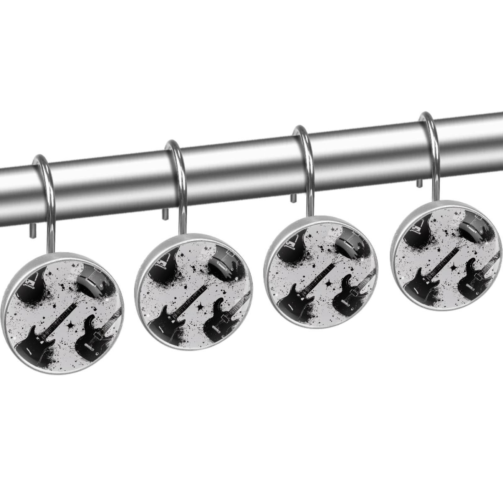 Grunge Guitar Black Splashes Shower Curtain Hooks Round Crystal Glass, Set of 12 Shower Curtain Rings - Shower Hooks for Curtain Shower Rings