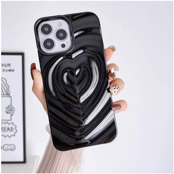 Compatible with 13 Pro Max Case,3D Love Water Ripple Pattern,Soft TPU Slim Shockproof Satin Glossy Cover for Girls Boys.(Black)