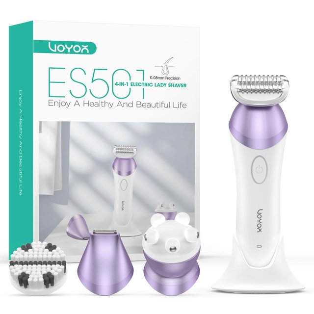 VOYOR Maquinillas de Afeitar Eléctricas para Mujer 4 en 1 Recortadora de Bikini Afeitadora de Lámina para Mujer 4 Cabezales de Repuesto para Recortadora de Vello Púbico Corporal Masaje de Limpieza 2 V