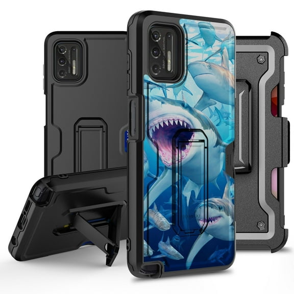 ANJ  Rugged Hybrid Shockproof Case w/Kickstand   Holster Clip Card Slot Cover for Motorola Moto G Stylus (2021 Release) - Sharks