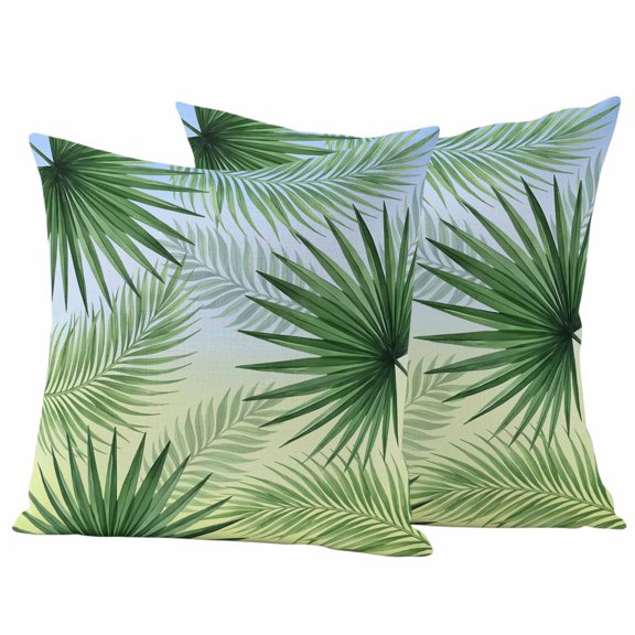 Tropical Botanical Outdoor Waterproof Pillow Covers, Summer Palm Leaves Plants Watercolor Decorative Square Throw Pillowcase Sofa Cushion Sham for Patio/Couch/Chair, 16"x16" 2 Pack