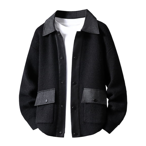 VNKIDY Men's Sweater Coat Autumn Winter Oversized Solid Color Contrast Collar Knitted Jacket Long Sleeve Button Front Thermal Coat With Patch Pockets For Cold Weather Cozy Knitwear