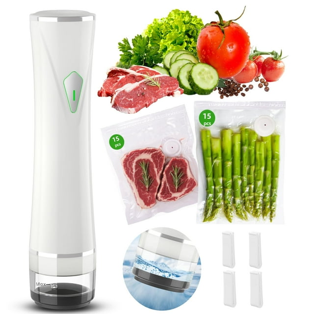 Ensemble de Scelleuse sous Vide (Machine sous Vide + 30 Sacs sous Vide Réutilisables) Scelleuse sous Vide Portative pour Aliments, Scelleuse Alimentaire Portable Compacte avec Arrêt Automatique et Détachable