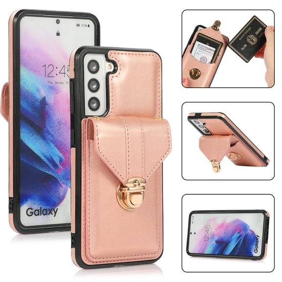 Back Wallet Case for Samsung Galaxy S23 Plus, Fashionable Metal Anti-Theft Buckle Card Slot Pocket Luxury PU Leather Cover with Shoulder Strap Lanyard Crossbody Kickstand Shockproof Case,Rosegold