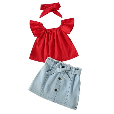 

Outfits Set For Girls Children S Clothes Summer Printed Vest Denim Shorts Suit Tops Floral Suspenders Shorts Headbands Outfits Red Dress With Flying Sleeves