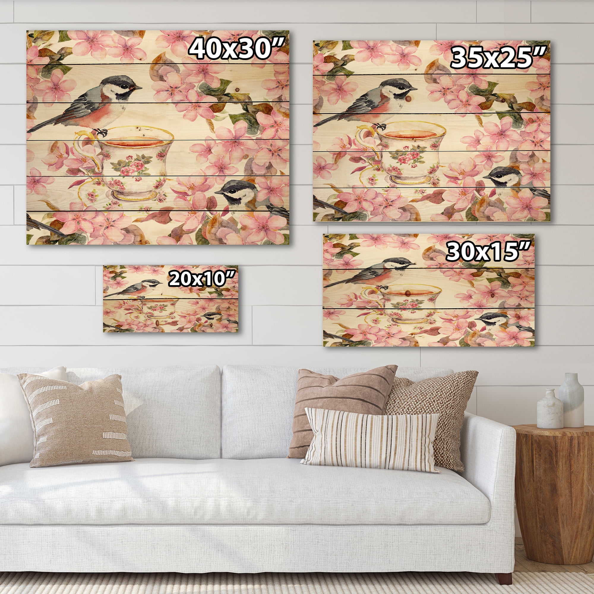 Designart 'Tea Cup Birds and Pink Flowers' Traditional Print on Natural Pine Wood