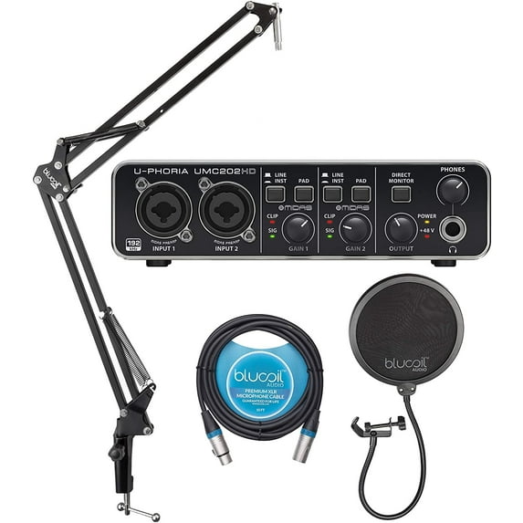 Behringer U-PHORIA UMC202HD 2-Channel USB Audio Interface with Mic Phantom Power Bundle with Blucoil 10-FT Balanced XLR Cable, and Boom Arm Plus Pop Filter
