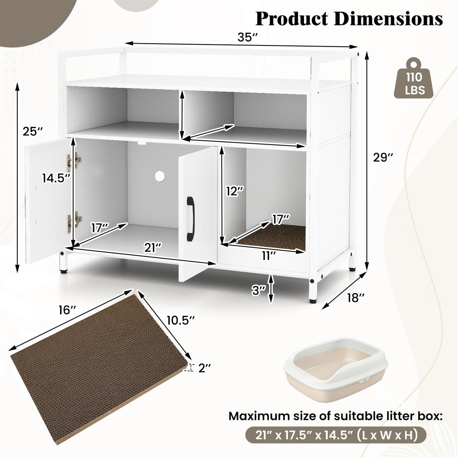 Pefilos Hidden Cat Washroom, Double Doors & Scratch Cardboard, Metal Frame & Adjustable Feet, Off White