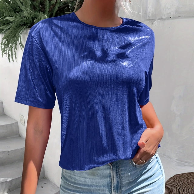 Soki Hauts à Paillettes pour Femmes Couleur Unie Col Rond Manches Courtes