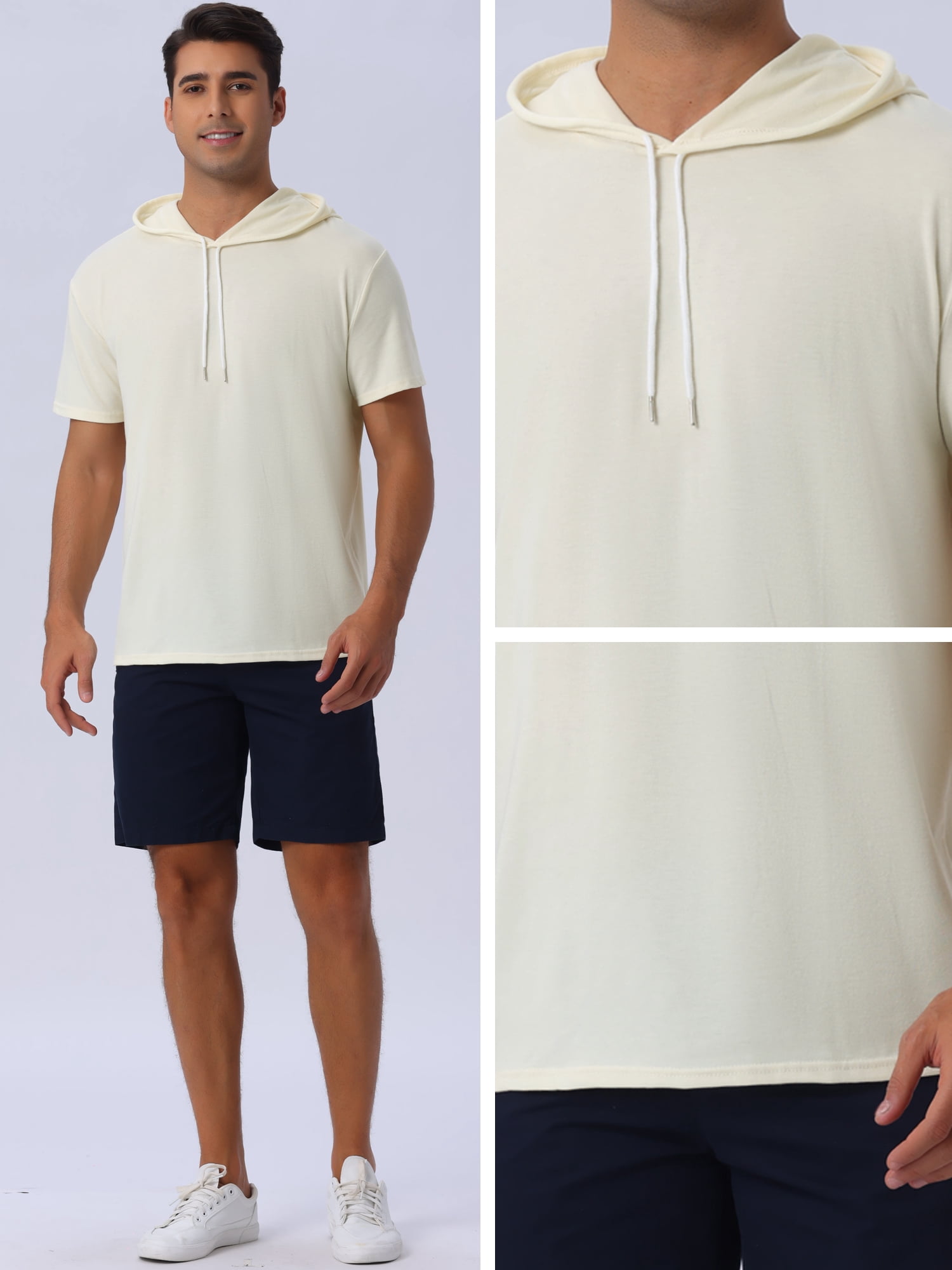 DARING DIVA Men's Casual Short Sleeve Pullover Drawstring Hooded T-Shirt M Beige