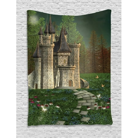 Fairy Tale Tapestry Fairy Castle Design With Curved Ladders In An Enchanted Forest With Butterflies Wall Hanging For Bedroom Living Room Dorm Decor