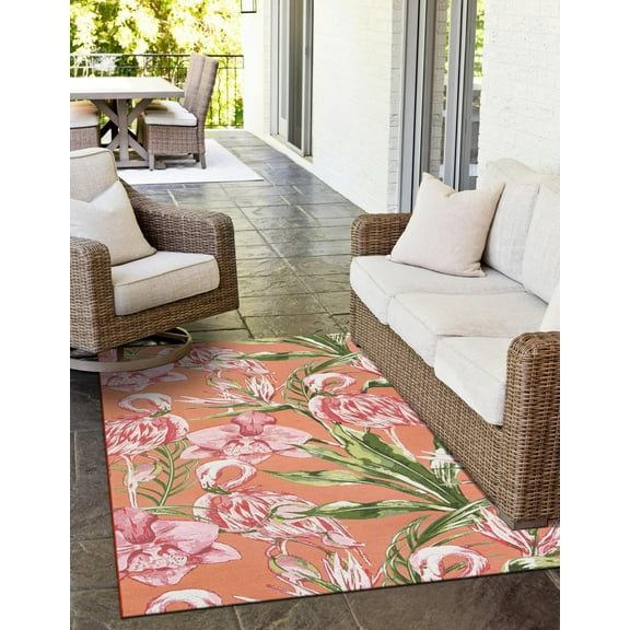 Unique Loom Outdoor Botanical Collection Area Rug - Bloom (5' 1" x 8' Rectangle Coral/Ivory)