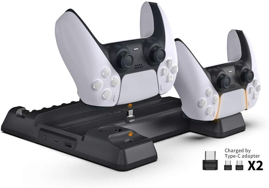 PS5 Charger Station, PS5 Cooling Fan Stand, PS5 Charger Stand with Controller Charger, PS5 Vertical Stand with Cooling Fan and LED Indicator, 3 Levels Adjustable Fans Speed, 12 Game Rack Organizer