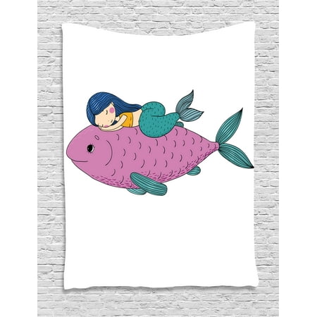 Mermaid Tapestry, Baby Mermaid Sleeping on Top Giant Fish Happy Best Friends Kids Nursery Theme, Wall Hanging for Bedroom Living Room Dorm Decor, Purple Teal, by